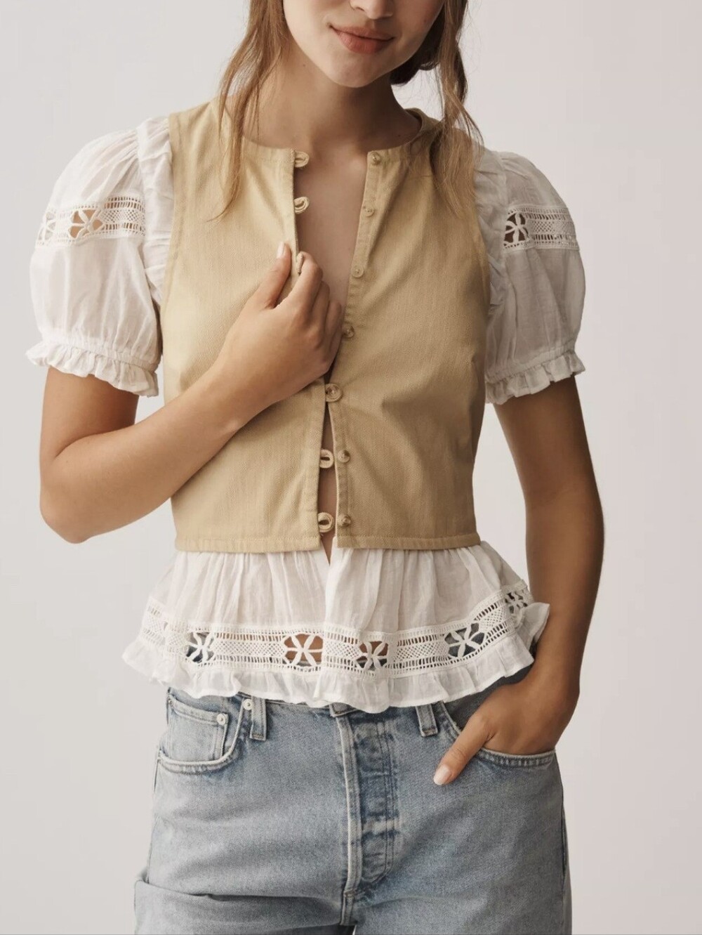 Anthropologie Sleeveless Beige Button-Front Layered Top with White Eyelet Peplum
